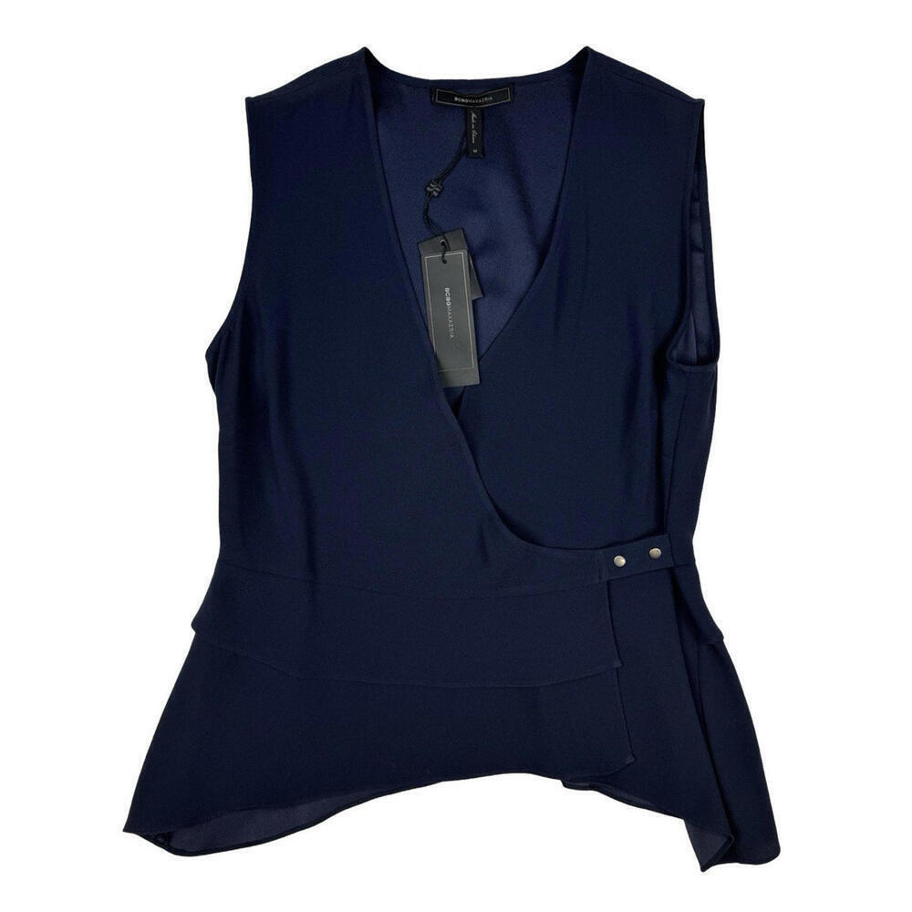 BCBG Maxazria Eleni Wrap Sleevless Top Blouse Blue Size M